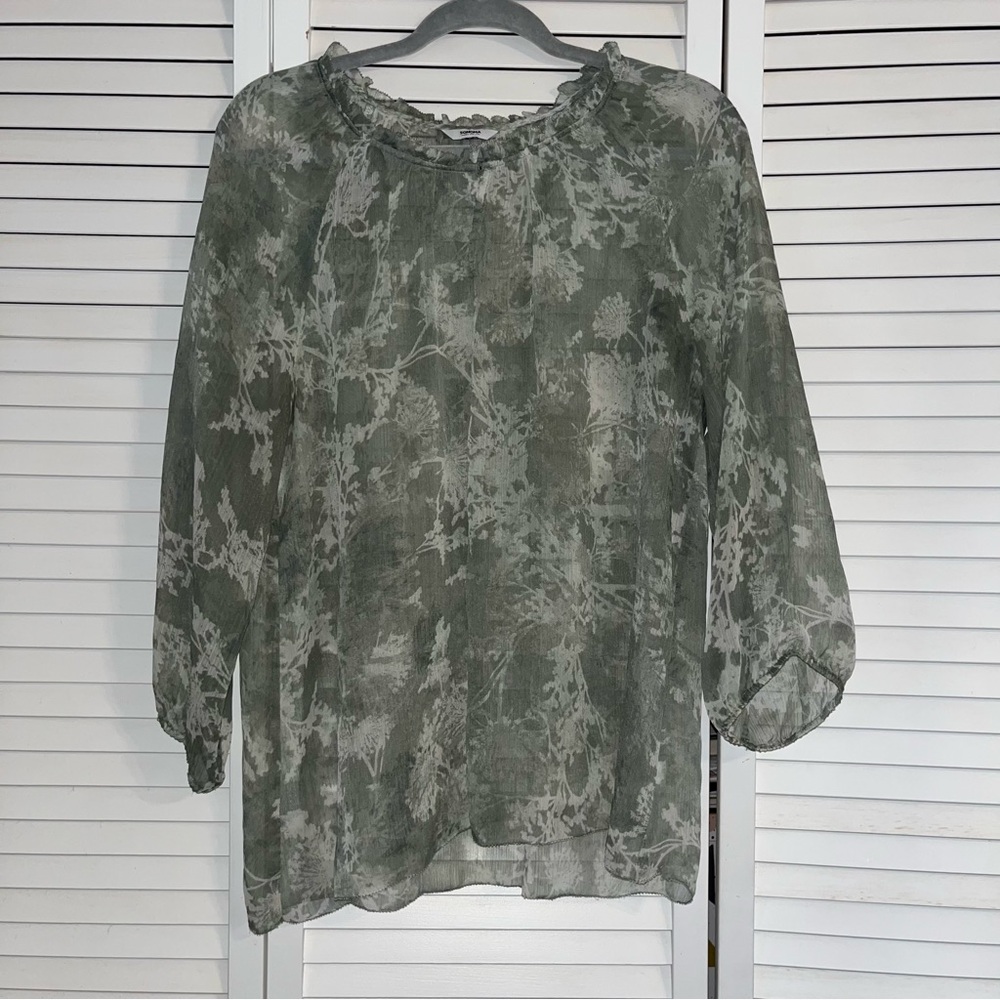 Sonoma Green Sheer Blouse / Dandelion & Leaves Print / Size L